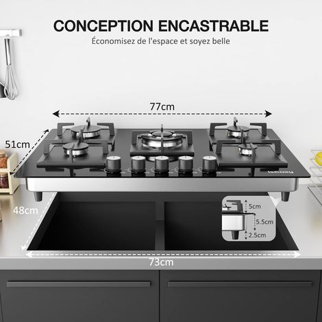 Iseasy – Plaque de cuisson gaz 5 foyers encastrable – Allumage par impulsion – Verre trempé et fonte – Compatible gaz naturel et propane