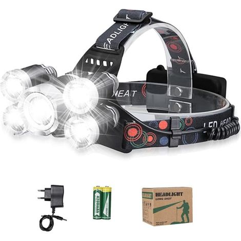 ZOLGINAH Lampe Frontale Rechargeable - 12000lm Eclairage Puissante Ultra USB Rechargeable 5 LED 4 Modes d’Eclairage IPX4 2 x 18650 pour Camping Chasse Pêche Escalade Randonnée [Classe énergétique A+]