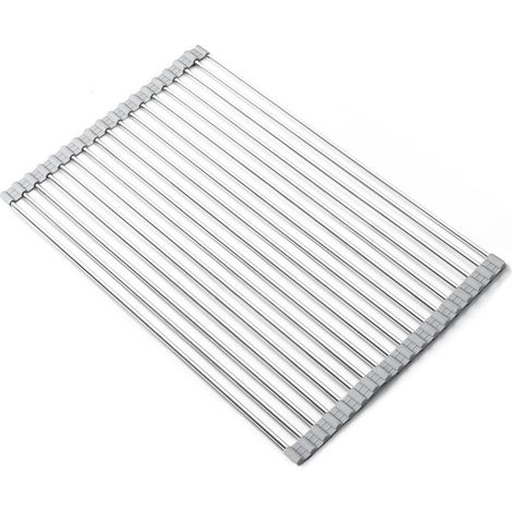 Égouttoir vaisselle inox pliable 47x35cm. Gris. Gain de place sur évier. Séchage efficace. (1/5)