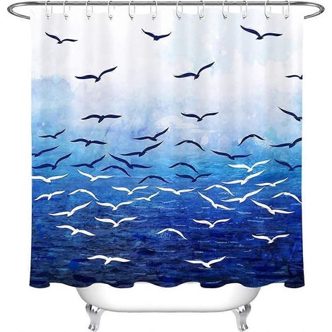 Rideau de douche bleu mer 180x200cm, motif mouettes, avec crochets, extra long, en polyester imperméable (1/2)