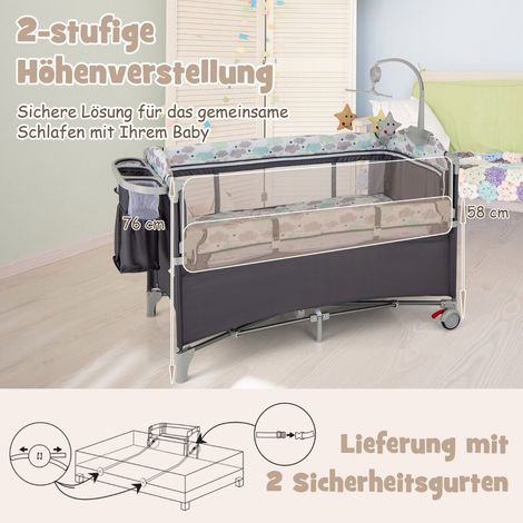 Lit parapluie bébé 5 en 1 gris avec matelas 2 niveaux, table à langer, boîte à musique et roues, pour chambre, voyage et plein air (1/5)