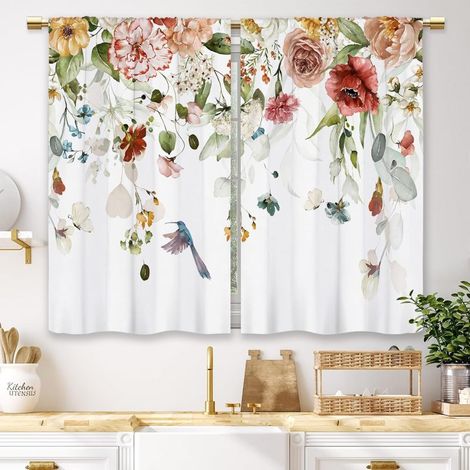 Rideau court de cuisine à motif aquarelle de fleurs rouges, colibri et fleurs sauvages, paysage printanier, type tringle, demi-rideau (66 x 91 cm), couleur (1/5)