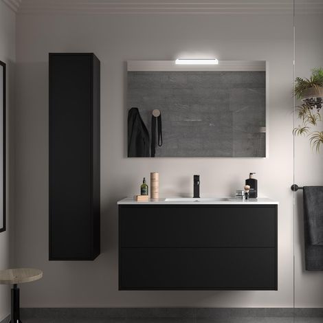 Ensemble complet OPTIMUS 800 NOIR SATINÉ + meuble-lavabo + miroir + éclairage (1/2)