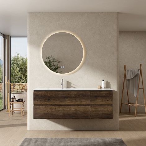 Mobile bagno sospeso 140 cm Bruno Scuro Lavabo a Sinistra in Resina Specchio Tondo Retroilluminato - Fiji Wood (1/4)