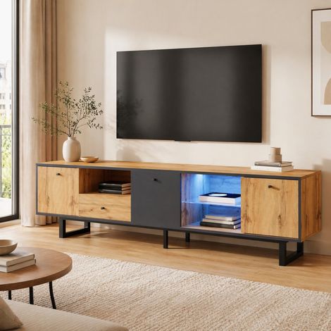 Meuble TV industriel noir et bois 190 cm avec éclairage LED – 3 portes et 1 tiroir, cloison vitrée, – Rangement élégant pour intérieur naturel (1/5)
