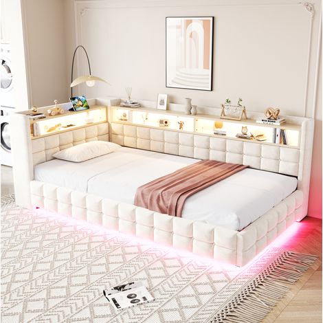 Sofá cama tapizado 217x105.5x85 cm, con almacenaje hidráulico, estantes de madera, LED y carga USB, terciopelo beige (1/5)