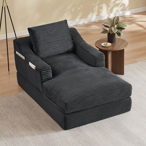 Sofá cama individual de pana gris oscuro con diseño de doble capa y espuma de alta densidad (1/5)