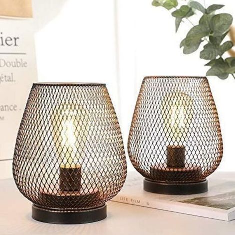 Lampe de chevet design - - Ensemble de 2 - Métal noir - Intérieur doré - Verre brun clair - 14x14x17 cm - Sans fil (1/4)