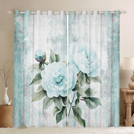 Rideau Occultant 140x260 cm Fleurs D'Aquarelle, Rideau Peinture À l'huile Abstraite Peony, Rideaux Voilage Ferme Rustique, Voilage Fenetre Ombre Turquoise Bleu Gris Blanc pour Chambre Salon - 140L X 2 (1/5)