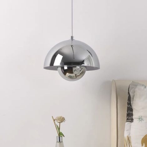 Lustre, Suspension Moderne, Plafonnier Suspendu avec Ampoule, Lampe Suspendue en Métal, Lumière Blanche, 23cm (Chrome) (1/4)