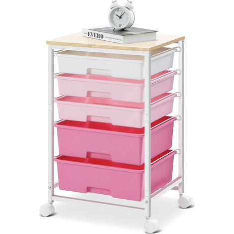 Chariot de rangement avec 5 tiroirs et plateau en bois, rose Chariot à roulettes grande capacité mobile, structure en acier, pour cuisine, salon, chambre à coucher, bureau (1/5)