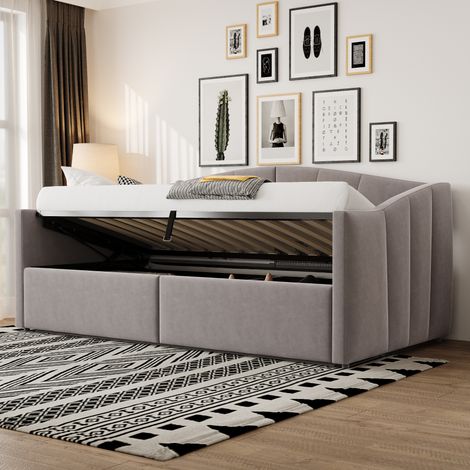 Canapé convertible 90x200 cm, coffre de rangement hydraulique, sommier à lattes avec accoudoirs, rayures intemporelles, lit simple polyvalent, velours doux, gris clair (1/4)
