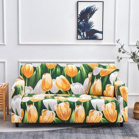 Hülle für ausziehbare 2-Sitzer-Couch mit Armlehnen, Tulpe, Gelb und Grün [SFT172]