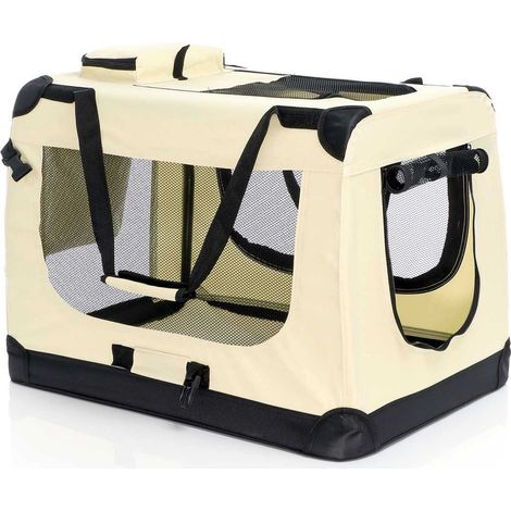 Fudajo Faltbare Transportbox für Hunde, Katzen L (70x52x50cm), robust, leicht, sicher, Hundebox mit Tragegriff und Decke, Beige