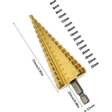 Stufenbohrer. HSS-Kegelfräser mit Titanbeschichtung, Sechskantschaft, zweischneidige Ausführung, 4 mm – 32 mm, für Schraubendreherbohrungen in Holz, Stahl, Messing und Kunststoff. (1/4)