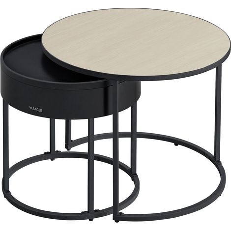 Tables Basses, Lot de 2, Tables d’Appoint Rondes, Tables Gigognes, Style Moderne, Rangement Discret et Plateau, pour Salon, Chambre, Balcon, Beige Naturel et Noir d'Encre (1/5)