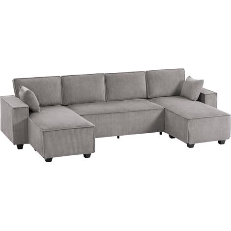 Canapé d'angle en velours côtelé gris clair avec deux chaises longues et assise large (1/5)