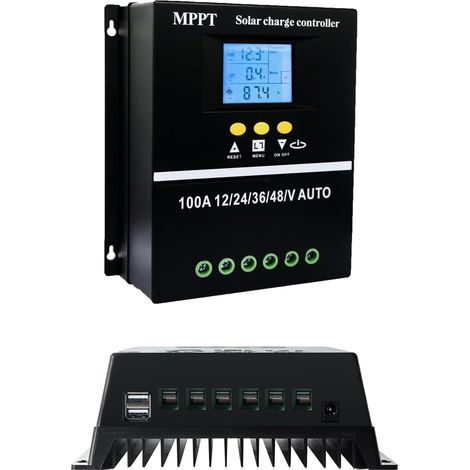 Régulateur de Charge Solaire MPPT, MPPT 100A Contrôleur de Charge Solaire 12V 24V 36V 48V Auto Écran LCD Batterie Régulateur Intelligent Double USB pour Plomb et au Lithium Batteries (1/5)