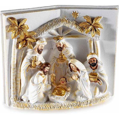 Scena Presepe / Sacra Famiglia decorativa in resina con dettagli dorati, set da 4 pezzi, cm 13 x 4,5 x 10,5 H