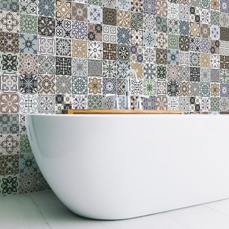 Sticker Mural Carrelage adhésif Cuisine Salle de Bain - 60 STICKERS CARREAUX DE CIMENT AZULEJOS SOFITO - 60stickers20x20cm (1/5)