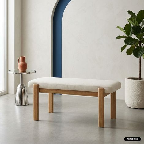 Banc. bout de lit bois d'hévéa teinte naturelle et tissu texturé - Noma Naturel / Blanc cassé