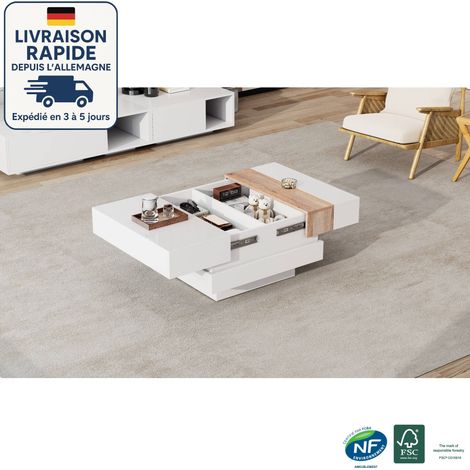 Mesa de centro retráctil brillante de 70 x 70 x 39 cm, con compartimentos ocultos y separadores, color blanco y primario. (1/5)