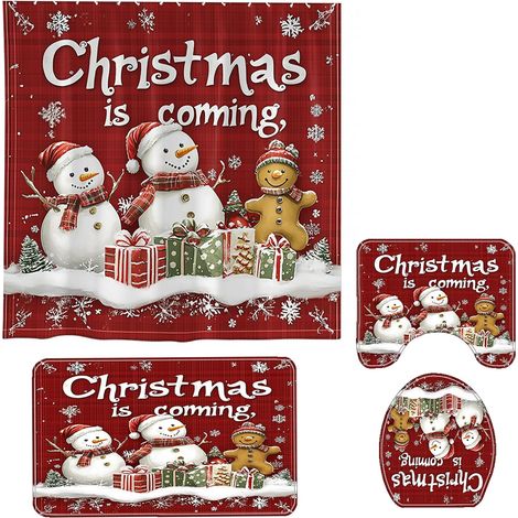 Ensemble de décoration de salle de bain de Noël 4 pièces avec tapis, couvercle de lunette de toilette, tapis de baignoire, ensemble de douche de salle de bain de Noël, cure de rideau de douche amusant (1/5)