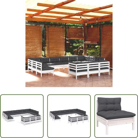 Holzgartenmöbel -  13-tlg. Garten-Lounge-Set mit Kissen Weiß Kiefernholz (1/5)