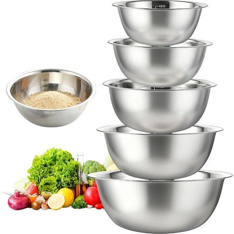 Lot De 5 Bols Mélangeurs En Acier Inoxydable, Bols En Acier Inoxydable, Bol À Mélanger, 0.5l/0.9l/1.6l/2.05l/2.6l, Bols En Acier Inoxydable Pour Les Trempettes,Collations,Muesli,Desserts,Soupes (1/5)
