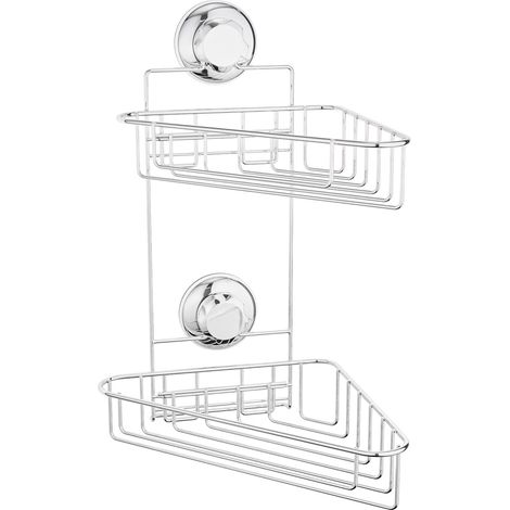 Etagère murale d'angle à ventouses 2 niveaux Bestlock chrome - COMPACTOR - 22 x 23.5 x H.36 CM - Argent (1/5)