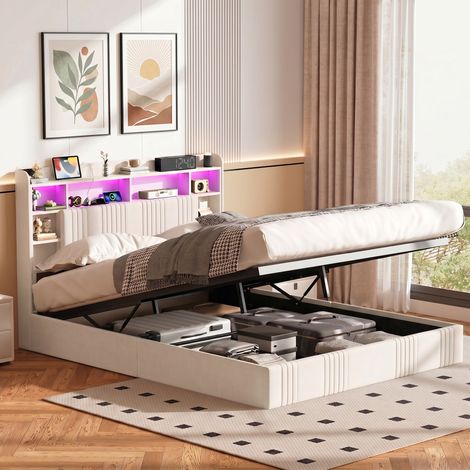 Letto matrimoniale 140x200 cm – Letto contenitore – Testiera con vano contenitore – Porte USB/Type-C – Illuminazione LED RGB – Rete a doghe – Biancheria beige (1/5)