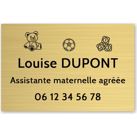 Plaque professionnelle PVC 30x20 – Gravure Personnalisée | Assistante Maternelle - Or lettres noires (1/3)