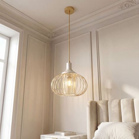 Hängeleuchte Metall E27 B: 30 cm H: max. 130 cm in Weiß Gold rund Modern Drahtschirm