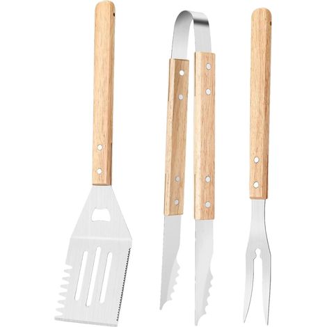Set d'Ustensiles de Barbecue  3 Ustensiles pour Cuisson Extérieure Cuisine Résistants à la Chaleur avec Poignée en Bois Antidérapant et Accessoires Acier Inoxydable p -
