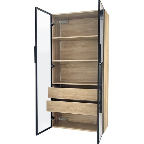 Hoher Badezimmerschrank aus MDF natur 74 x 36 x 155 cm mit LED, 2 Schubladen und 2 satinierten Türen (1/5)