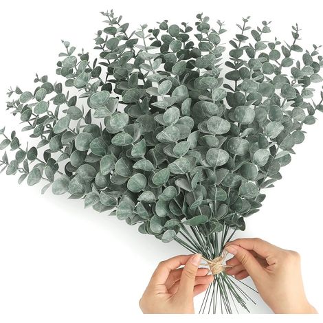 Lot de 20 feuilles d'eucalyptus artificielles décoratives - Vert foncé givré (1/5)