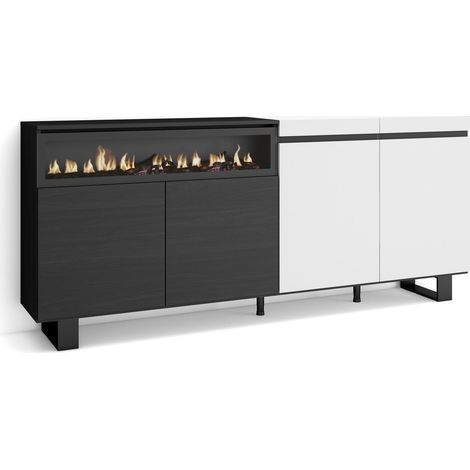 Skraut Home - Aparadores para salón, Gran capacidad de almacenaje, 200x87x35cm, 4 Puertas, Chimenea eléctrica, Diseño industrial, Estilo Moderno, Blanco y negro (1/5)
