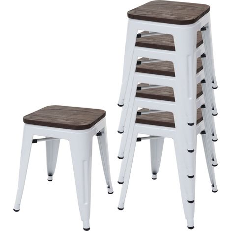 Set 6x sgabelli poggiapiedi bistrot design industriale HHG-771 legno metallo verniciato bianco