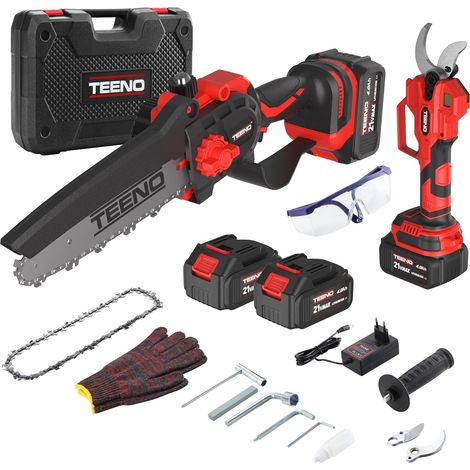Teeno – Mini tronçonneuse à batterie 6 pouces – Sécateur électrique sans fil 0-40mm – 2 batteries 4.0Ah – Lames en acier SK5 pour coupe précise