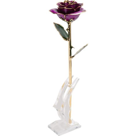 Rose Artificielle Longue Durée 24K Doré Violette - Fleur Détaillée Colorée avec Socle Cadeau pour Fête des Mères Anniversaire (1/5)