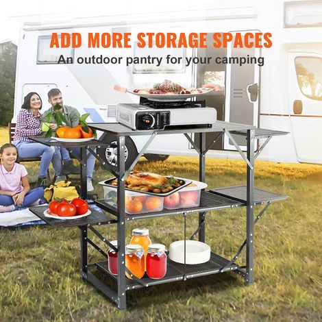 Table de campement pliante portable, cuisine extérieure en aluminium avec 4 tables latérales fer et 2 étagères, sac transport, pour pique-nique, barbecue, camping, voyage en caravane (1/5)