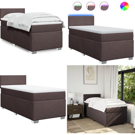 Cama box spring con colchón tela marrón oscuro 80x200 cm - Cama con luz LED - Colchón ensacado