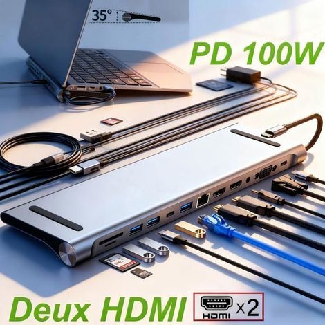 Hub USB-C 12 en 1 avec 2 HDMI 4K, VGA, PD 100W, USB 3.0, RJ45, SD/TF, Prise Casque 3,5mm