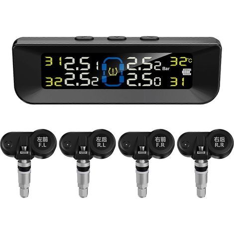 Sistema inalámbrico de monitoreo de presión de neumáticos con alerta por voz, 6 modos de alarma y carga solar para SUV, sedanes y monovolúmenes. (1/5)