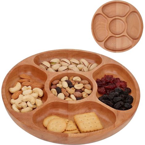 Plateau de présentation rond en bois, compartimenté pour aliments, desserts et en-cas (30 cm).
