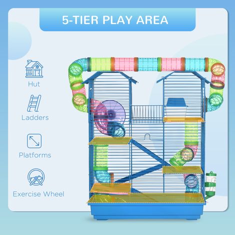 Cage bleue de 47 cm (18,5 pouces) à 5 niveaux pour hamster, avec roue d'exercice, mangeoire, biberon, et tunnel pour petits animaux (rat de sable). (1/5)