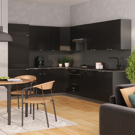 Cocina esquinera Fame-Line, Rayas negras/antracita, 227 x 60 cm sin encimera, Vicco