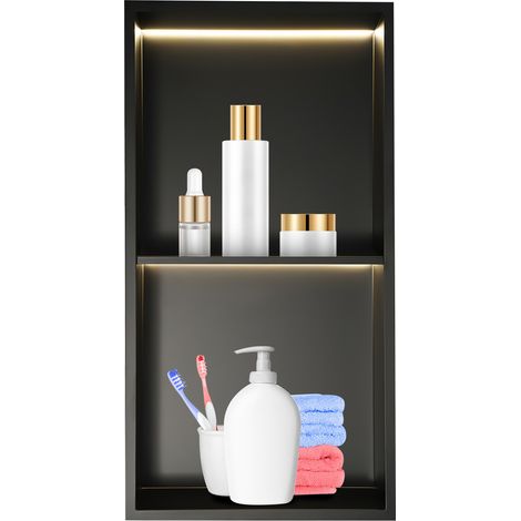 12x24in Niche murale en acier inoxydable avec éclairage LED, organisateur de rangement intégré pour douche, salle de bain, cuisine et usage hôtelier (1/5)