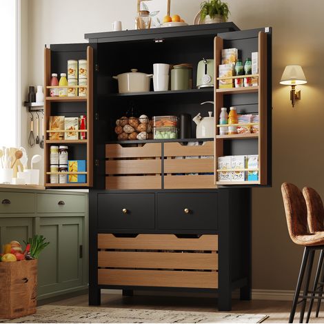 Credenza alta da cucina 80 x 40 x 140 cm, mobile contenitore con 2 ante e 5 cassetti, nero, OKWISH (1/5)