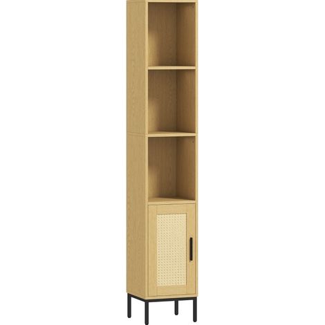 Armario alto de baño estrecho con baldas abiertas y estante регулируable, efecto madera natural (1/5)